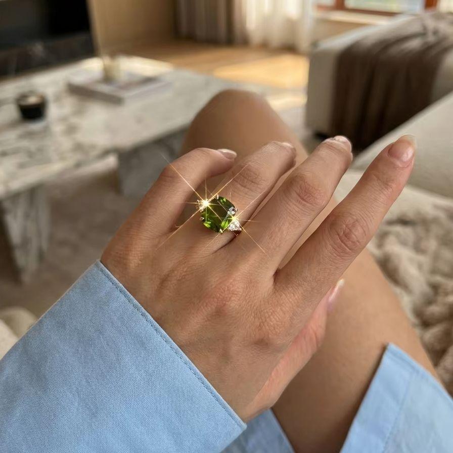 Luxury Fashion Green Zircon Ring For Women Gold Color Shiny Crystal Square Finger Ring Wedding Party Anniversary Charm Jewelry