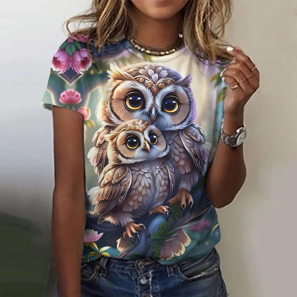 Summer Round Neck 3D Print Owl Pattern Top Fashionable Casual Short Sleeved Women's T-shirts