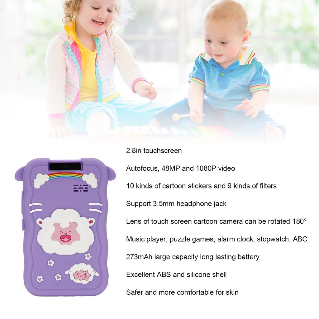Touch Screen Cartoon Camera Toy 1080P HD 2.8in IPS 48MP Reversible Lens Support Games Music Purple Lamb Type