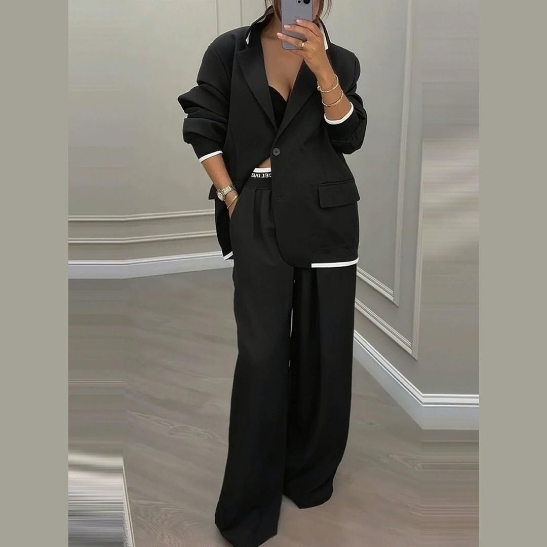 

Темпераментный костюм-блейзер Женские брюки Свободный однотонный Осенне-зимний Для работы С длинным рукавом С лацканами Топ Брюки широкие от бедра Комплект из двух предметов XXXL чёрный