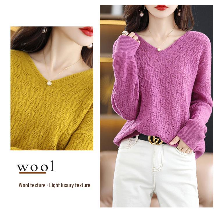 Women's Cashmere Loose Knit Sweater V2023 - Hollow-Out Pullover with Pure Wool Collar