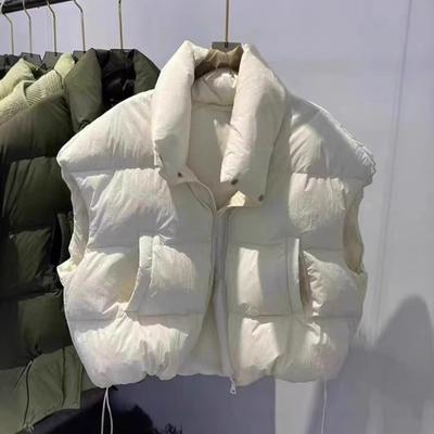 Women Down Vest Stand Collar Sleeveless Zipper Closure Winter Waistcoat with Pockets Solid Color Casual Loose Fit Short Jacket