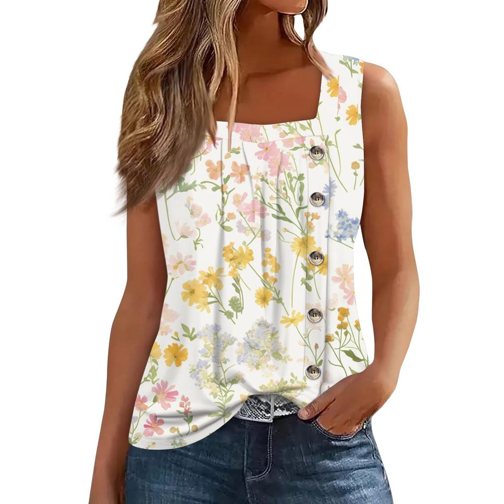 Women's Fashion Casual Basic Pleated Plain Button Square Collar Sleeveless Vest Print Summer Tank Tops