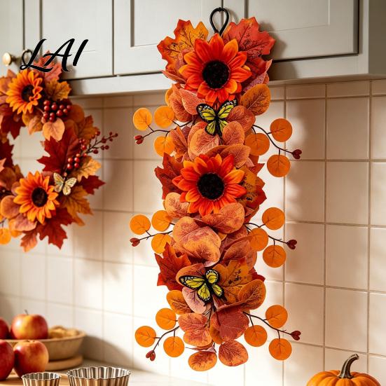 Elegant Multi-layer Maple Leaf Wreath Artificial Fall Sunflower Wall Hanging Garland with Butterfly Autumn Lifelike Butterfly Harvest for
