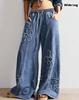 Jeans de Mujer Bordados de Cintura Alta Sueltos Casuales Cintura Elástica Pierna Ancha Largos de Denim Streetwear