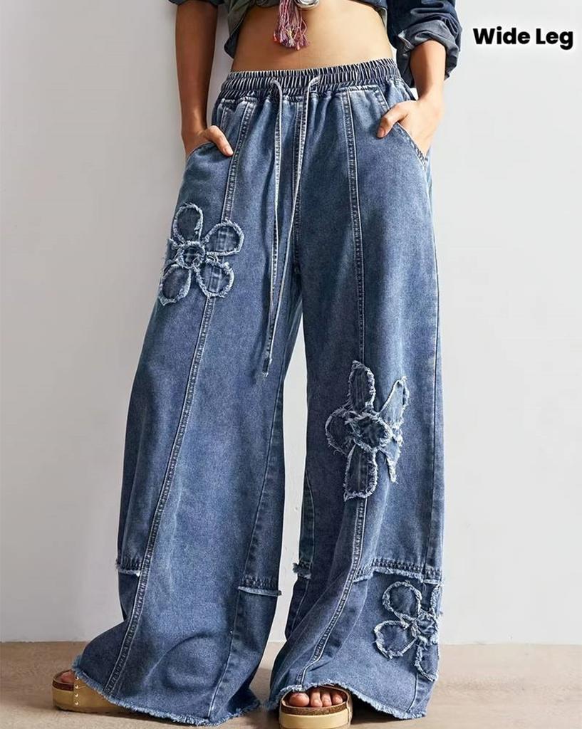 Jeans de Mujer Bordados de Cintura Alta Sueltos Casuales Cintura Elástica Pierna Ancha Largos de Denim Streetwear