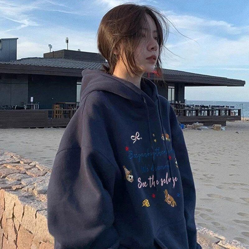 Pure Cotton Hooded Fleece Thickened Pure Cotton Sweater Women's Thin Loose E Retro Jacket