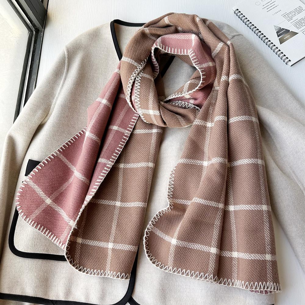 Double sided Scarf for Women in Autumn and Winter Korean Style Checkered Imitation Cashmere Neck Scarf with Edge Thickened and High End Shawl Trend
