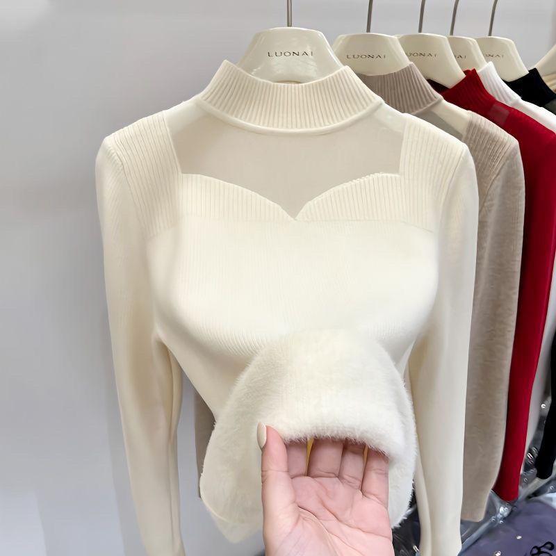 Fleece sweater women's inner thickened semi-turtleneck women's niche design top integrated fleece winter new