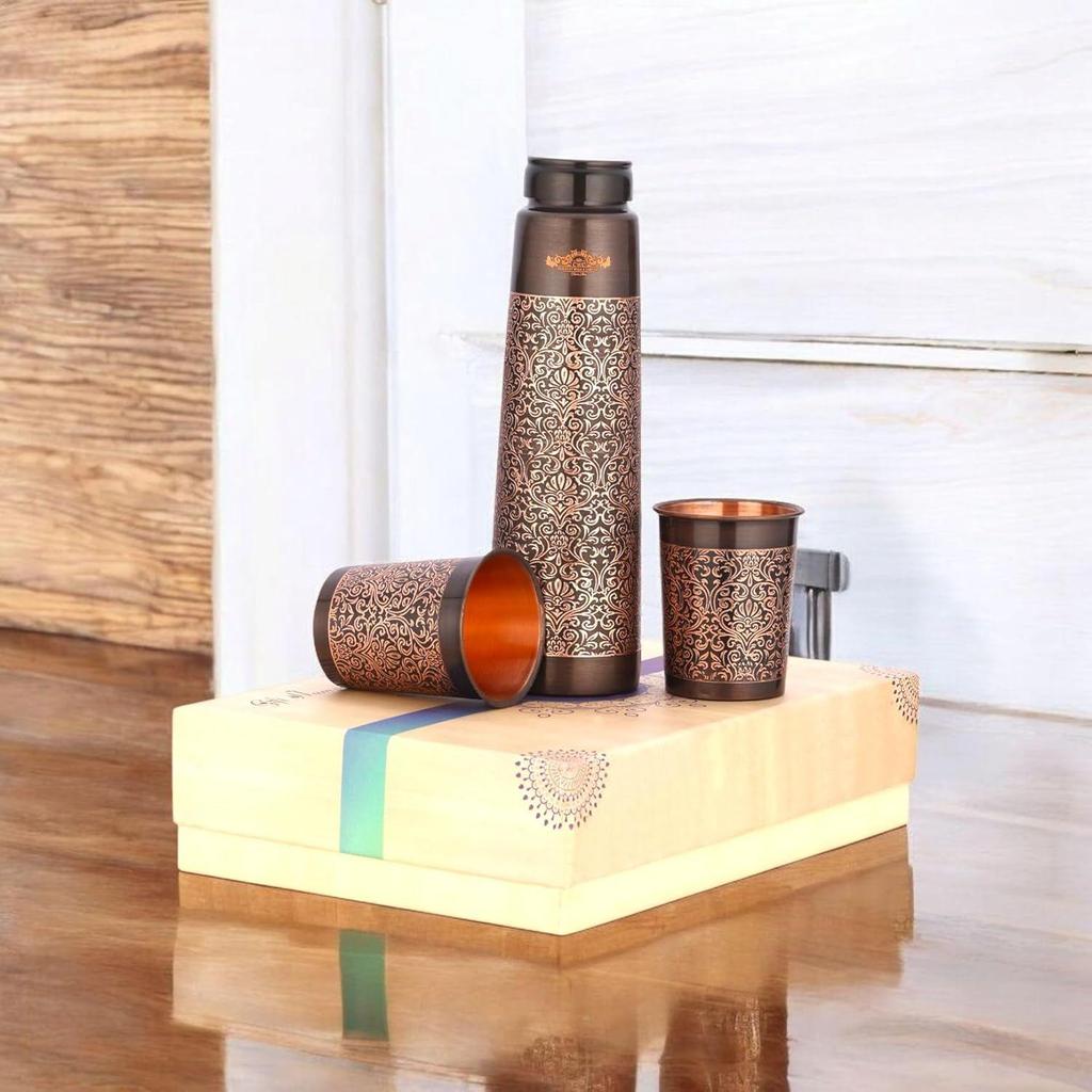 Pure Copper Bottle with 2 Glass Gift Set (Antique Itching Tower)