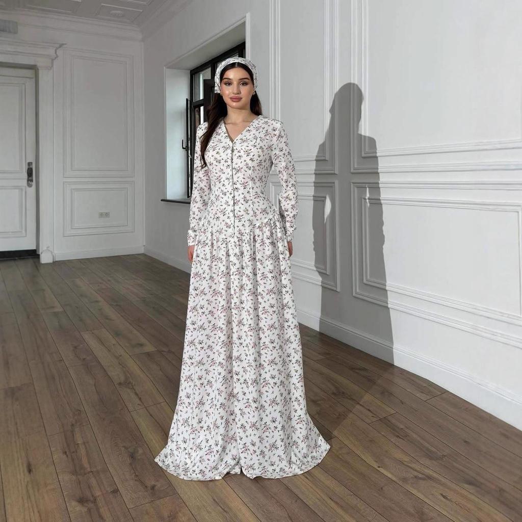 Elegant Autumn 2025 V-Neck Retro Floral Dress - European & American Style Waist-Cinching Women's Fashion