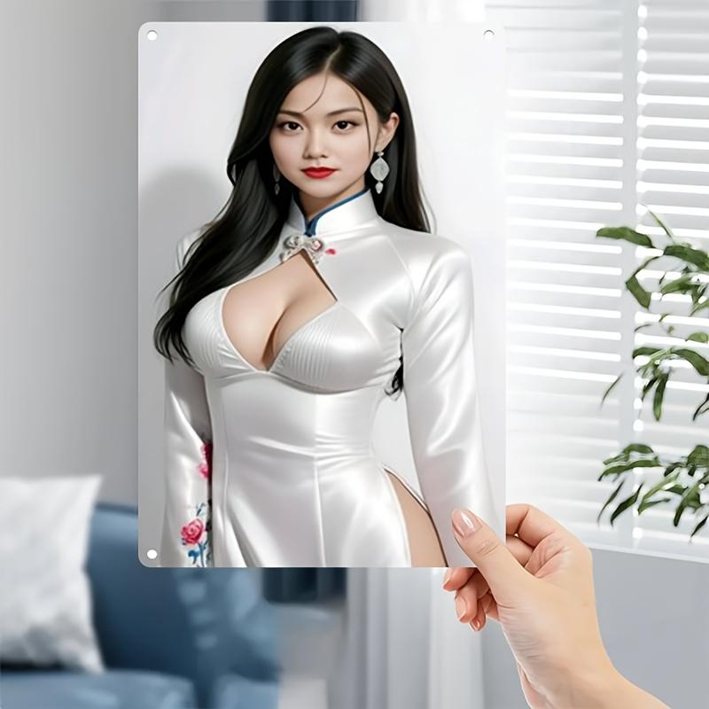 Vintage Metal Wall Art Sign - Classic Woman Design Red White Chinese Wall Decor 20x30cm