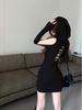 Backless Hooded Long-Sleeve Dress - Autumn Style with Waist Tie and Hip-Hugging Design