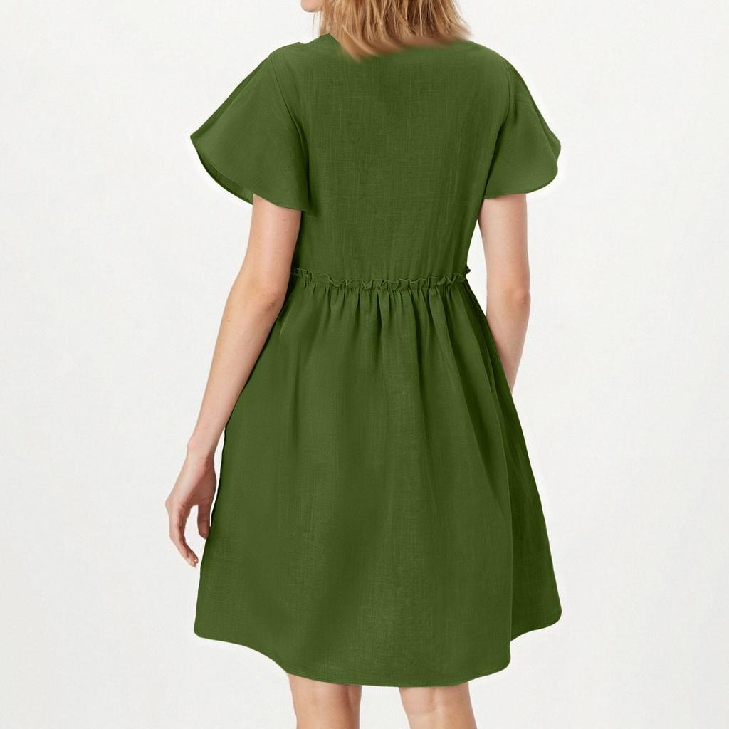 Women's Fashion Solid Color Casual Bohemian Vacation V Neck Short Sleeved Ruffle Edge Dress
