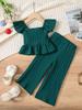 2025 Summer Girls' Puff Sleeve Top & Textured Pants Set with Butterfly Knot