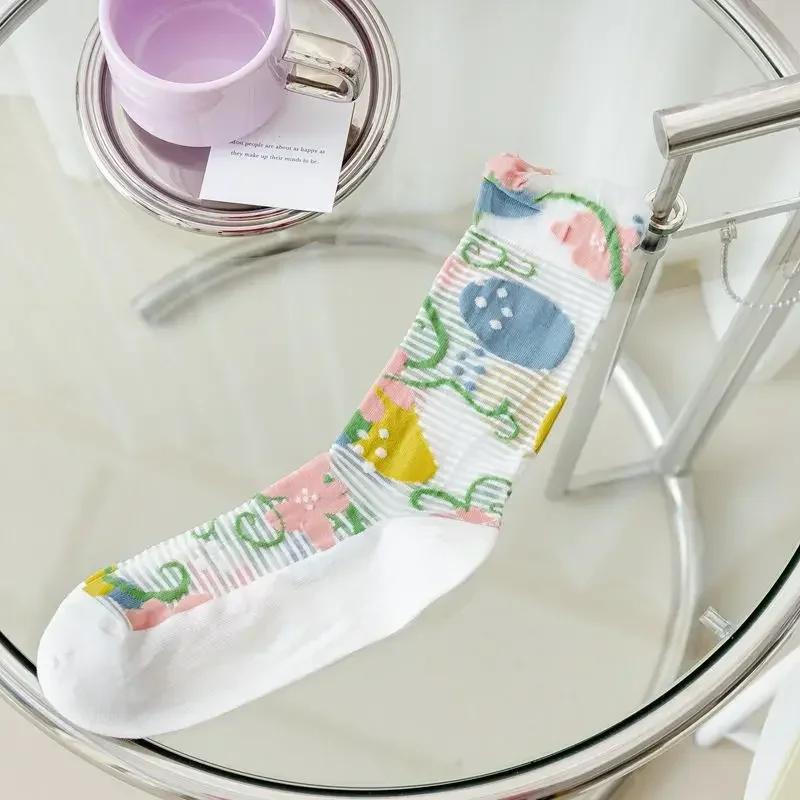 Flower Embroidery Crystal Silk Socks Summer Elastic Long Socks Hollow Out Thin Breathable Mesh Lace Socks Ultra-thin Transparent