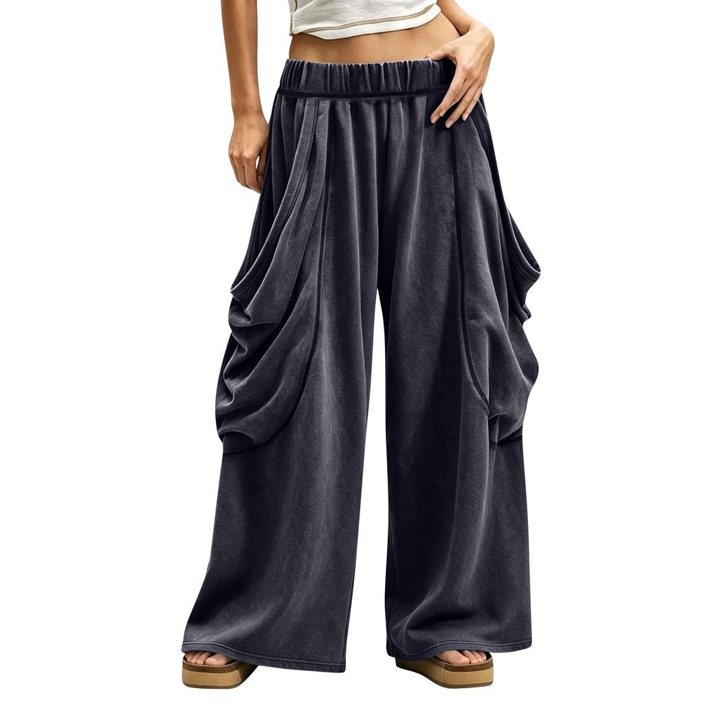 Women's Fashion Wide Leg Pants with Elastic Waist and Large Pockets, Color Loose Fit Casual Trousers