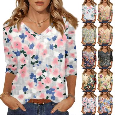 Women's Tops Three-quarter Sleeve Shirt V-neck Loose Casual Shirt Floral Print T-shirt