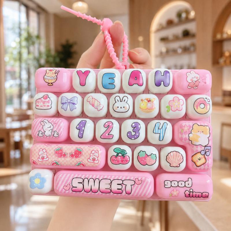 Candy Color Cartoon Keycap Keychain 26 Key Decompression Keyboard Fidget Keycap Clicker Toy Bag Pendant