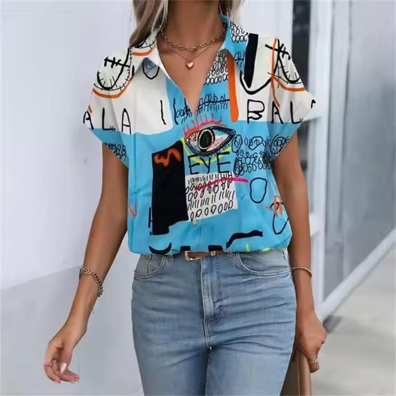 Summer Women's Shirt 3D Printed Hawaiian Shirts Button Up Beach Vacation Shirts Short Sleeve Shirt Casual Lapel Blouse For Women