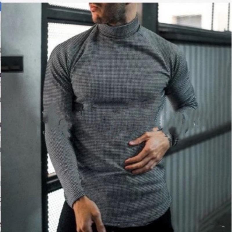 

High Neck Bottoming Men s Long-sleeved T-shirt Thousand Grid Birds Pile Collar Spring New Clothing M сірий