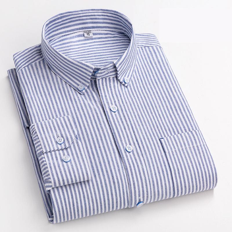 New Pure Cotton Business Men Oxford Shirt Long Sleeve Casual Plaid Striped with Chest Pocket Non-iron Autumn Spring