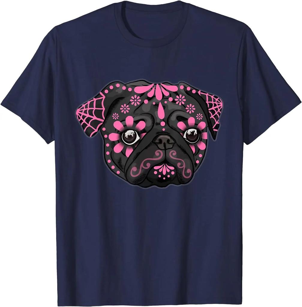 Czarny różowy mops psy dzień zmarłych cukier meksykańska czaszka pies koszulka na Halloween na co dzień krótkie codzienne cztery pory roku koszulki unisex t-shirty