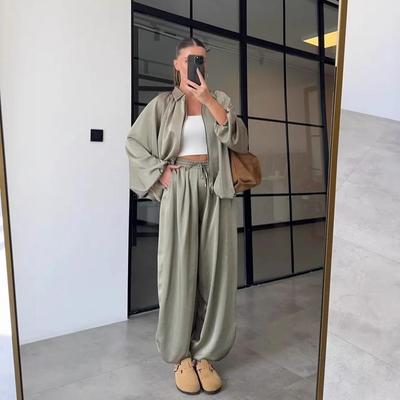 2025 European & American Women's Long Sleeve Cardigan Shirt with Casual Pants Fashion Set