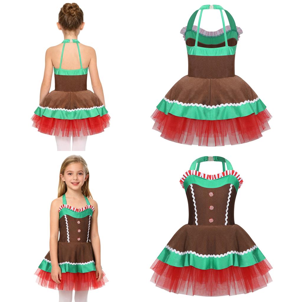 Children’s Christmas Gingerbread Tutu Dress Bodysuit Sleeveless Open Back Halloween Cosplay Party Costume