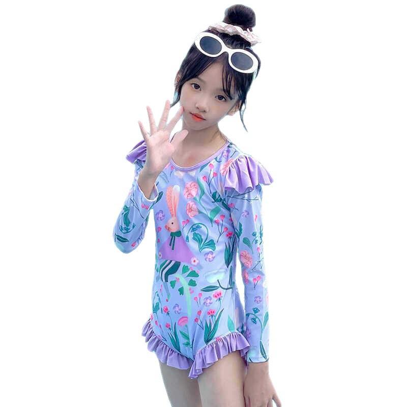 Girls Long Sleeve One Piece Swimsuit Summer Cartoon Floral Print Sun Protection Bathing Suit For Kids