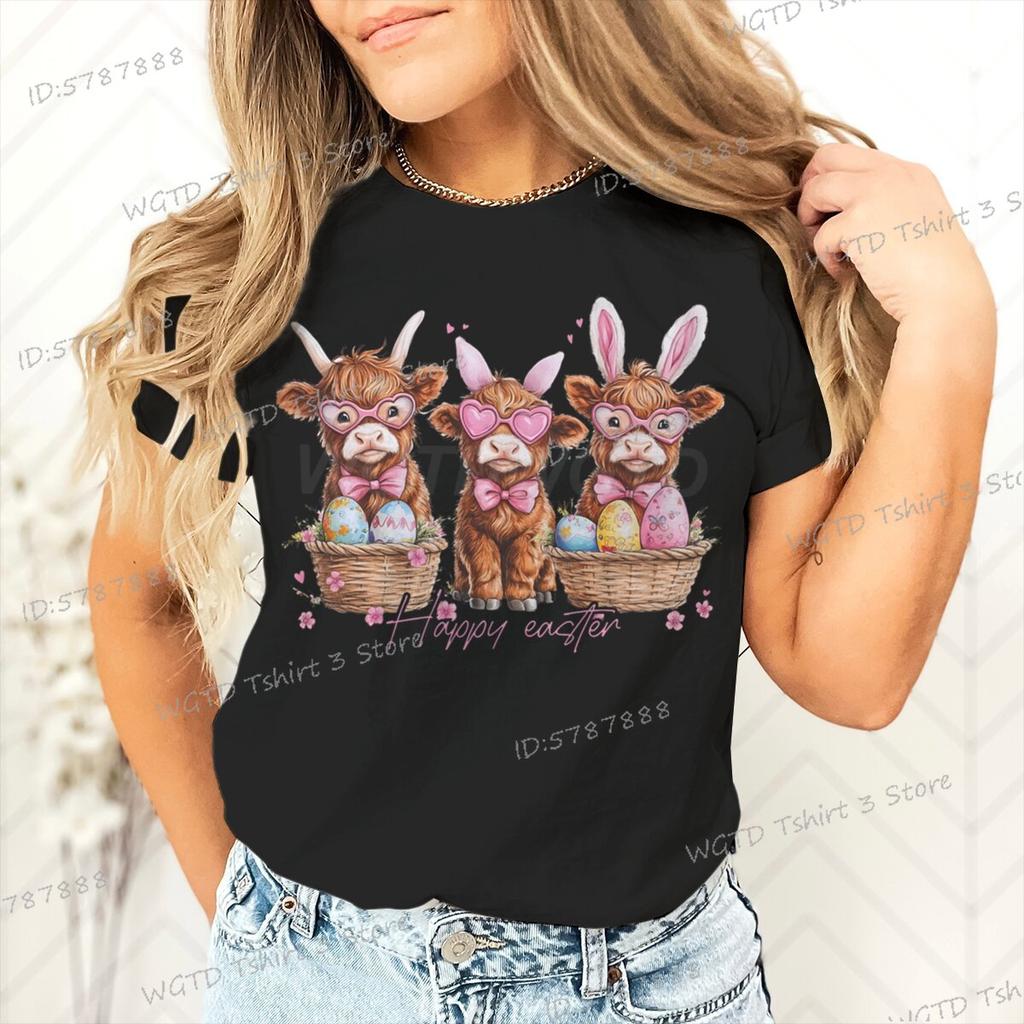 Happy Easter Day T-shirt Female Easter Cute Highland Cow Graphic T Shirts Women Cute Cow Gift for Women Retro Easter Vibes Shirt