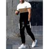 Color Block Letter Men's Set, Three-color Patchwork Short-sleeved Shirt And Long Pants, Simple And Casual