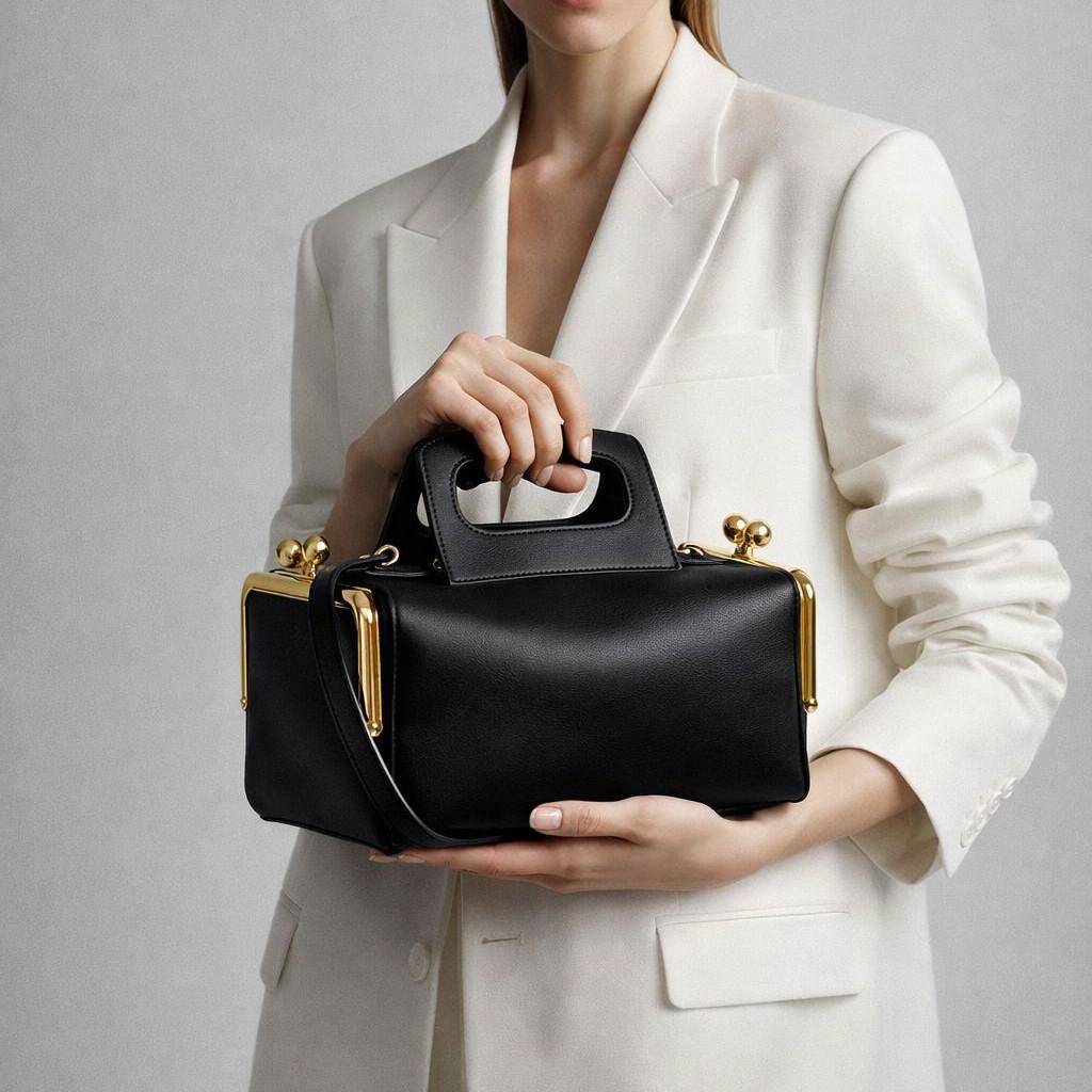 Borsa a Mano Retrò di Lusso con Clip Metallica Borsa a Spalla Classica Nera in Ecopelle con Zip Borsa Tote Quadrata Casual Francese ad Alta Capacità con Chiusura a Serratura