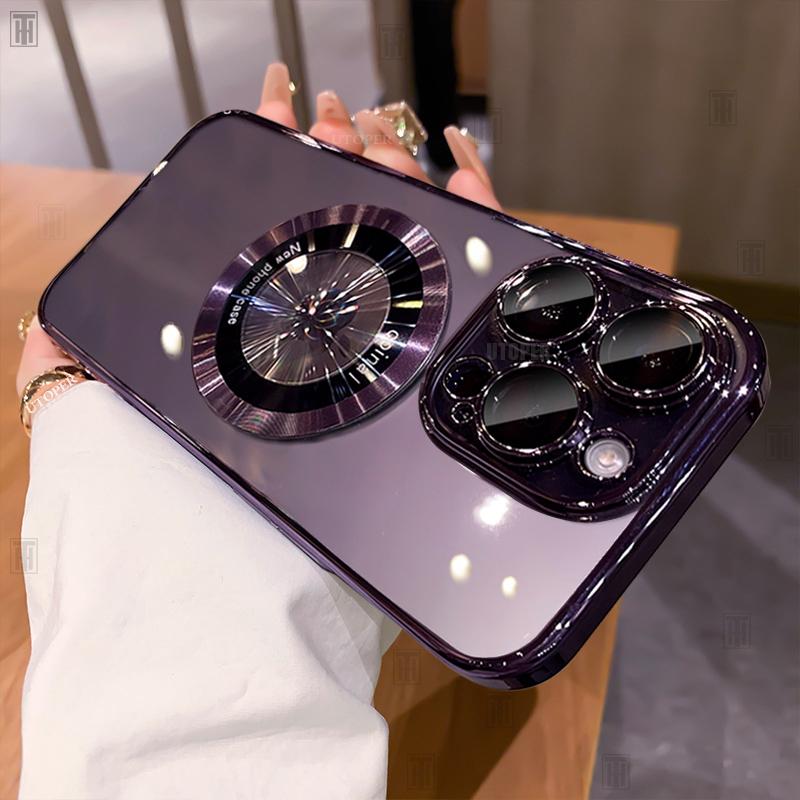 Luxury Clear High Quality Plating Case For iPhone 15 14 13 12 11 Pro Max Plus Soft TPU Lens Film Protect Magfsafe Magnetic Cover