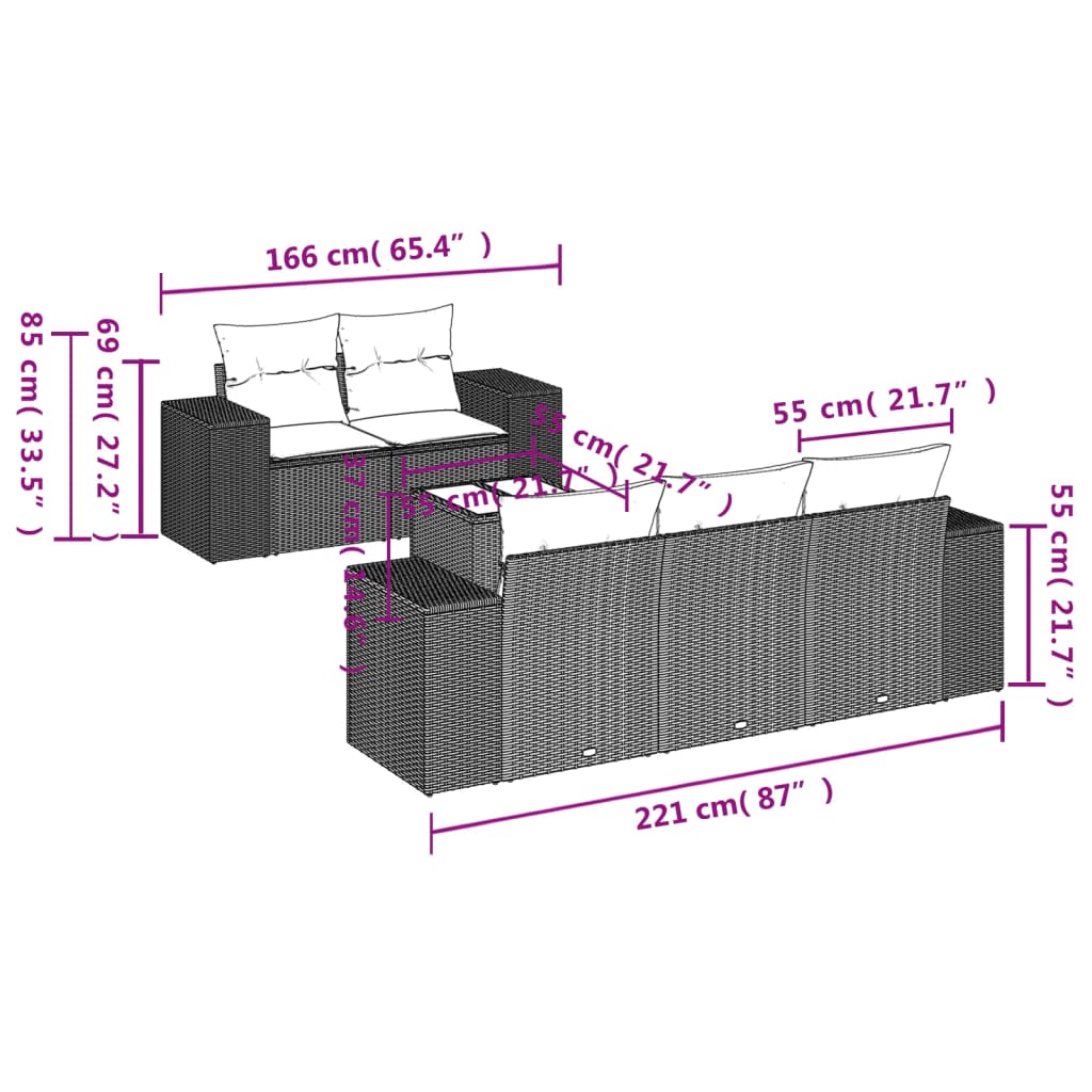Vidaxl 6-Cz. Gartenmöbel-Set mit Kissen, Schwarzer Polyrattan