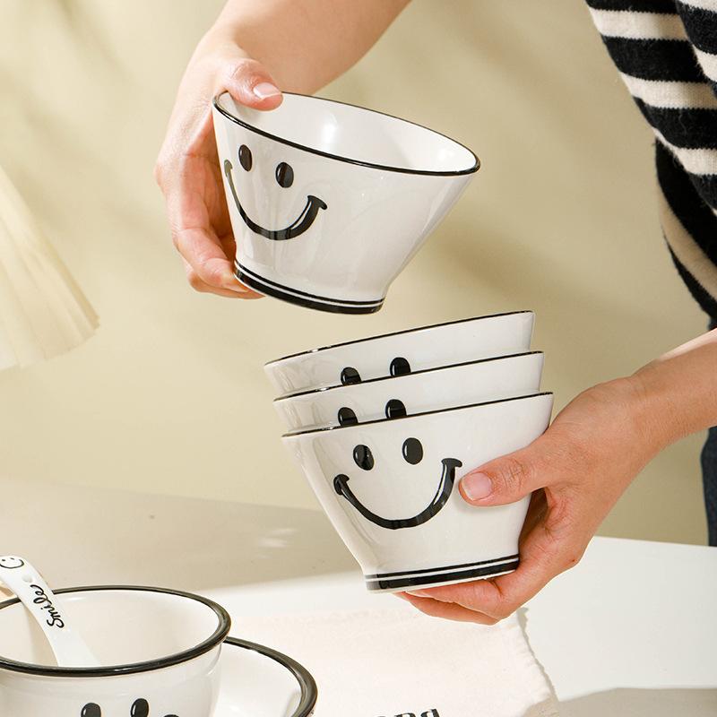 Creative And Cute Smiley Tableware Household Ceramic Tableware Housewarming Gifts Rice Bowl Baking Bowl Vegetable Plate Spoon Combination
