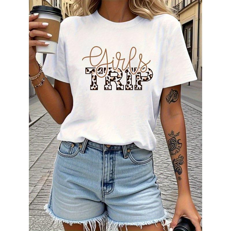 

Casual and Fashionable Leopard Print Style Letter Print T-shirt, Short Sleeve Crew Neck Casual Top for Summer & Spring, Women s Clothing 4XL білий