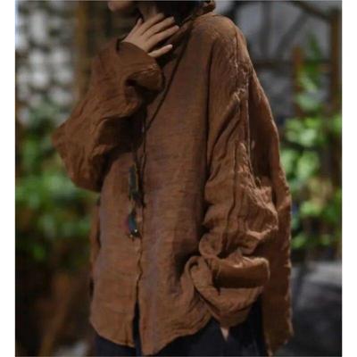 Women Vintage Turtleneck Linen Shirts Solid Color Long Sleeve Button Tops Autumn Button Casual Women Shirts