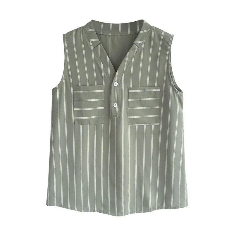 WTEMPO Turn-down Collar Sleeveless Striped Chiffon Shirts Women's Spring Summer Large Size Vest Tops with Buttons and Pockets