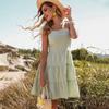 Women's Green Crinkled Cotton Linen Slip Dress
