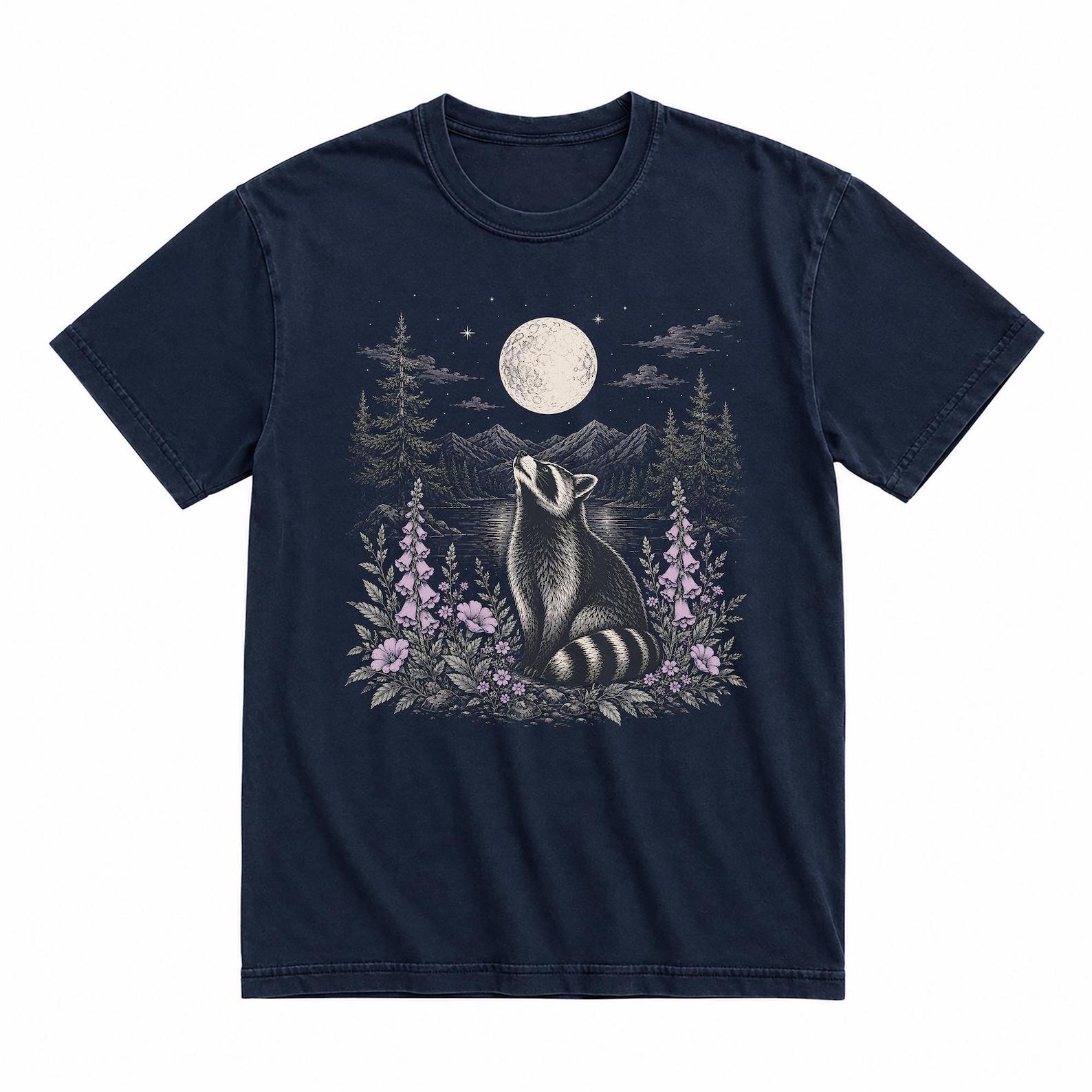 Comfort Colors Raccoon Moon Graphic T-Shirt, Vintage Floral Raccoon Tee S