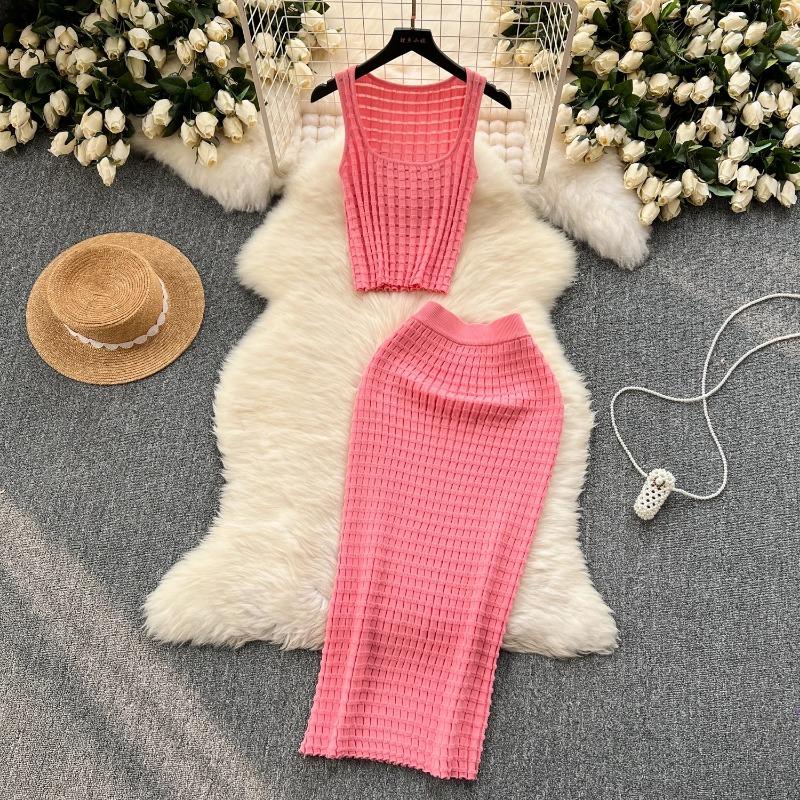 Gonna da donna alla moda estiva, set di canottiere sexy senza maniche, vita alta, slim, lunga, Saya, abiti da donna in due pezzi, vestiti solidi in maglia