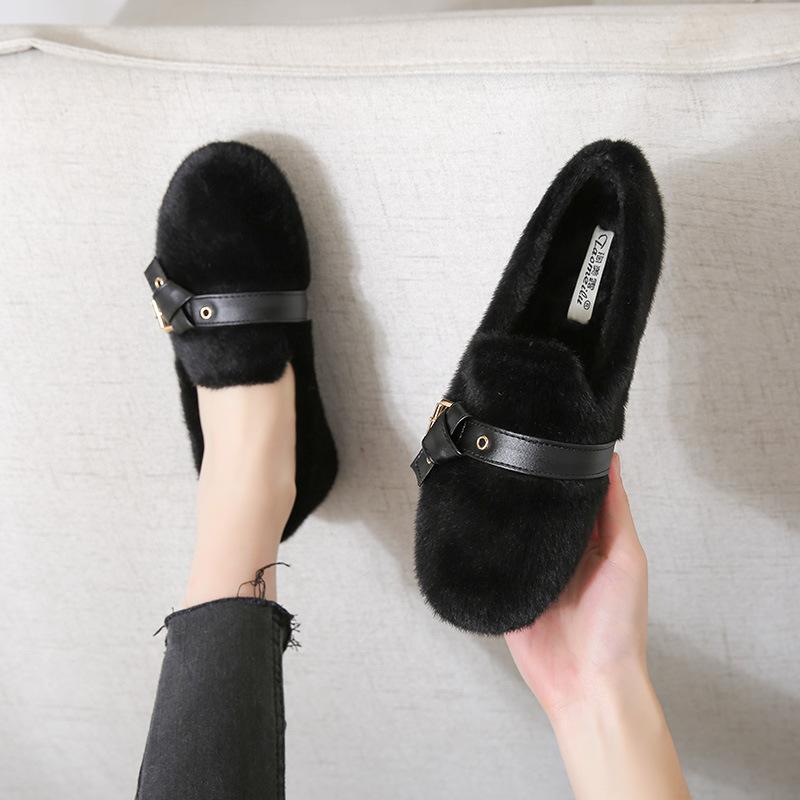 Fashion Mink Fur moccasins femme bow-knot belt buckle fleeces flats woman winter shoes women sneakers warm plush loafers big size 34-43
