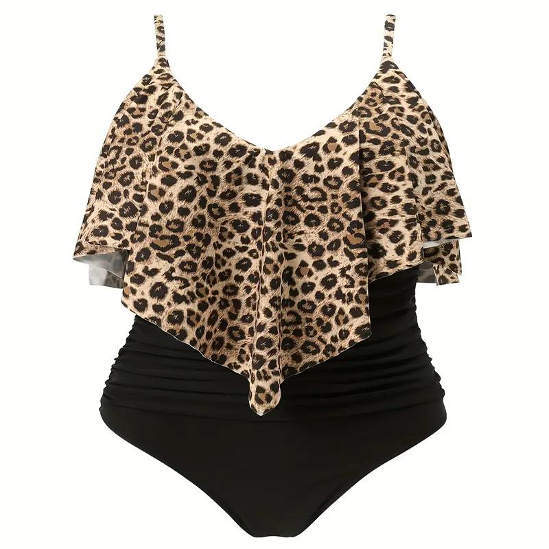 Costume da bagno intero da donna con stampa leopardata e volant, con controllo della pancia