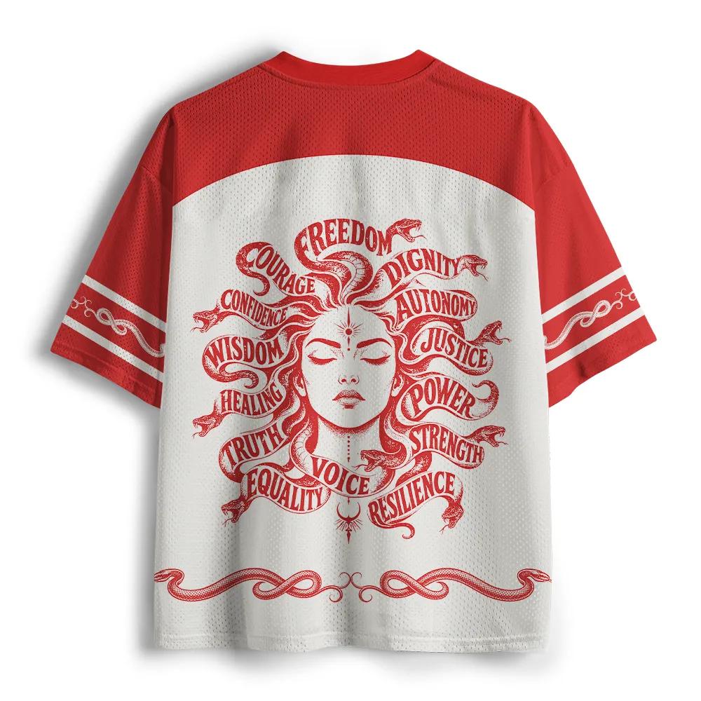 American Retro V-neck Mesh Jersey for Men and Women, Red Toned Vintage 3D Printed Short Sleeved T-shirt, Breathable Oversize Top