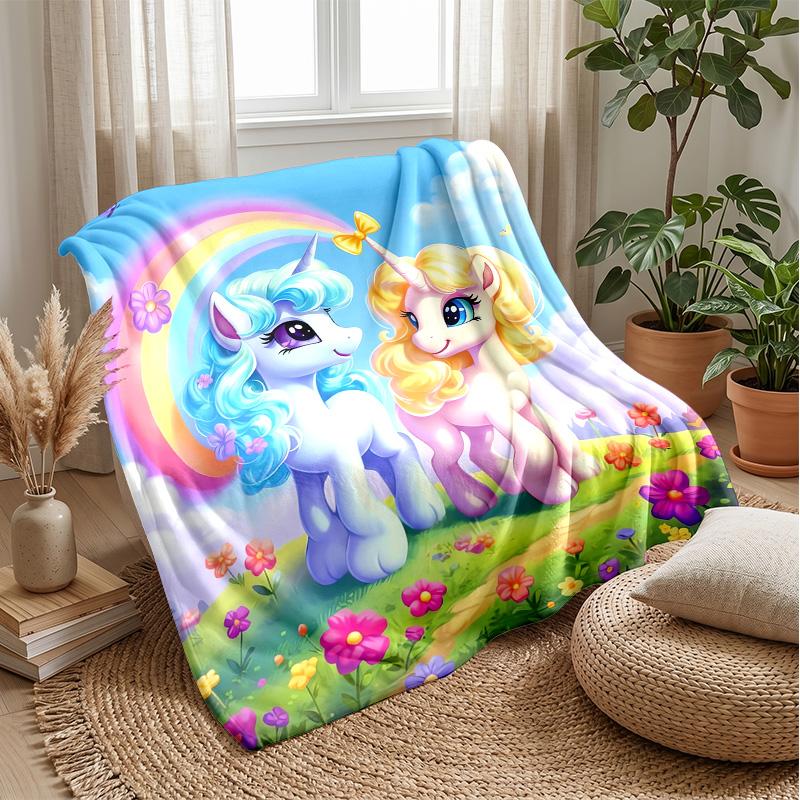Unicorns In Rainbow Meadow Theme Blanket Lightweight Warm Flannel Blanket Decorative Throw Blanket for Home Decoration