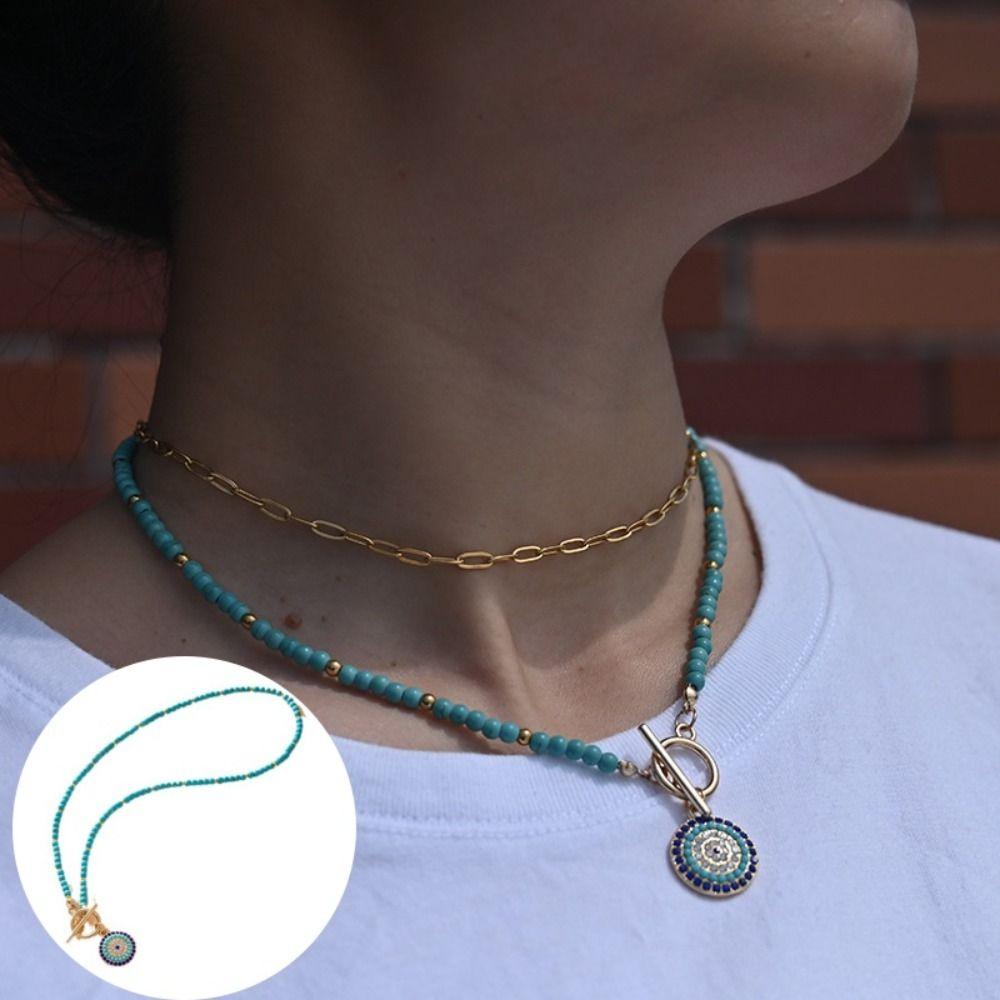 Boho Style Colorful Stone Choker 4mm Beads Beads Chain Necklace Evil Eye Charm Pendant  Women Girls