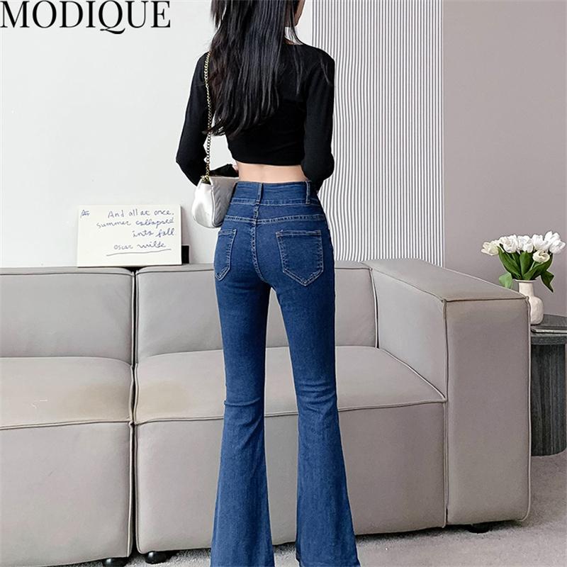 MODIQUE Herbst Übergröße Neue Damen Basics Elastische Schnittkantenhose In Voller Länge Hohe Taille Lässige Lange Jeans Damen Jeanshose