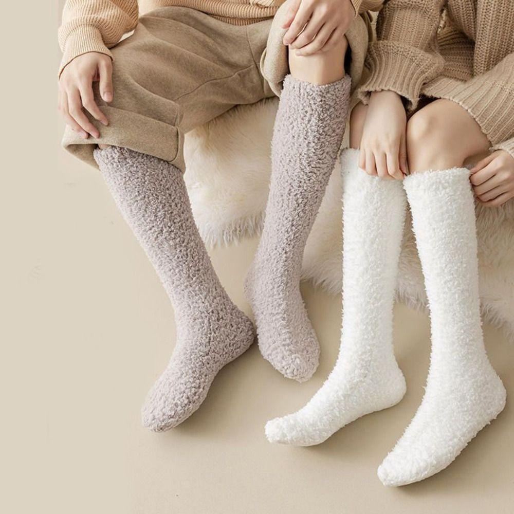 3Pairs Sleeping Coral Fleece Socks Winter Knee High Stockings Cute Floor Plush Socks Autumn