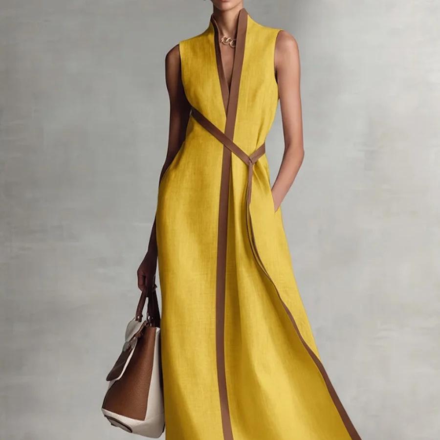 2026 Damklänning i Färgblock, Ärmlös, Med Ståkrage, Bomull och Linne